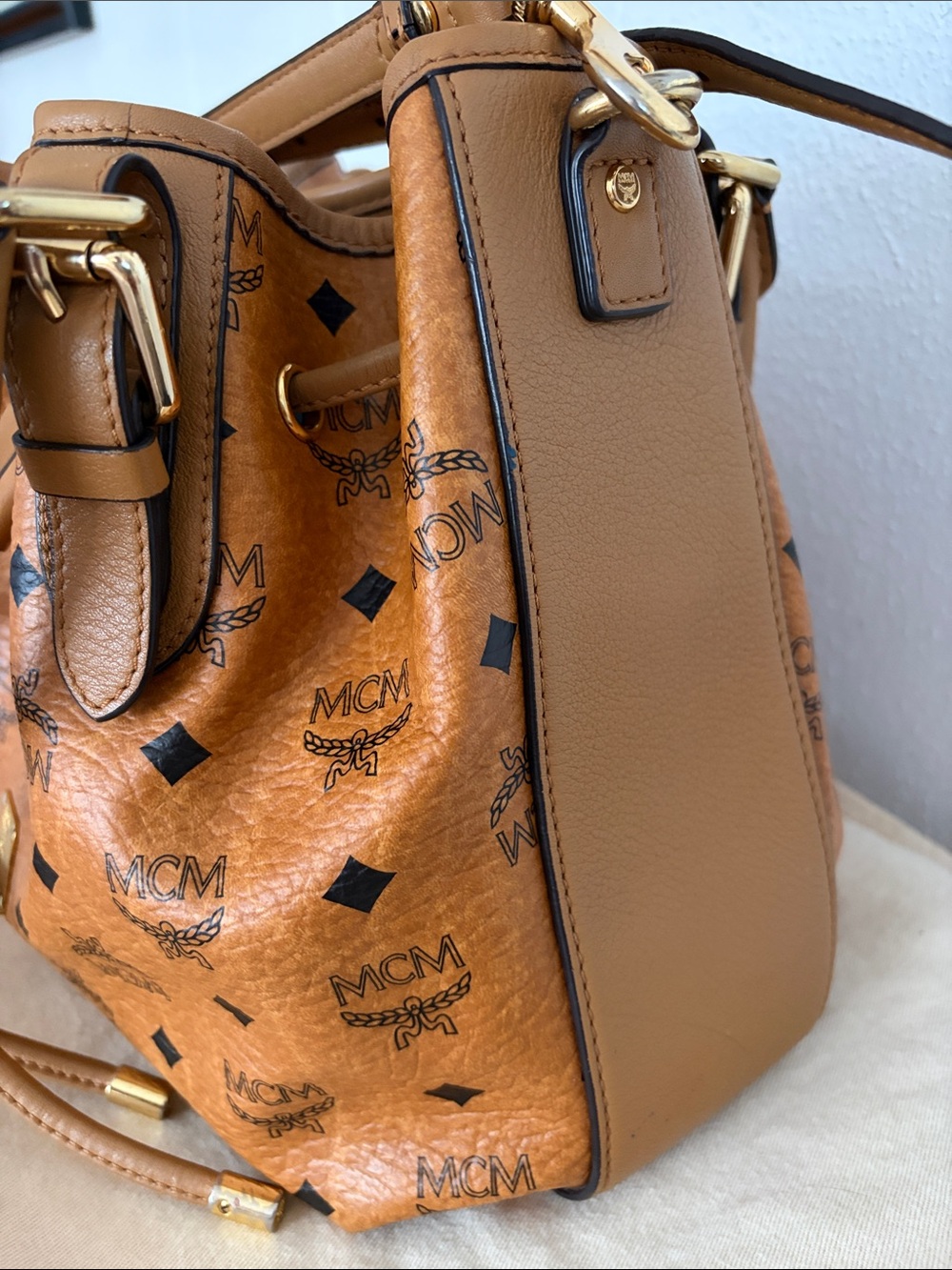 MCM Cognac Visetos Logo Drawstring Crossbody/Shoulder Bag - Picture 4 of 12